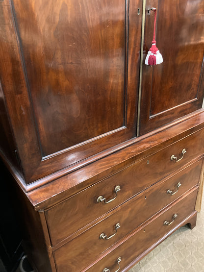 Antique 18th Century Linen Press Mahogany Wood Closed Bookcase Cabinet