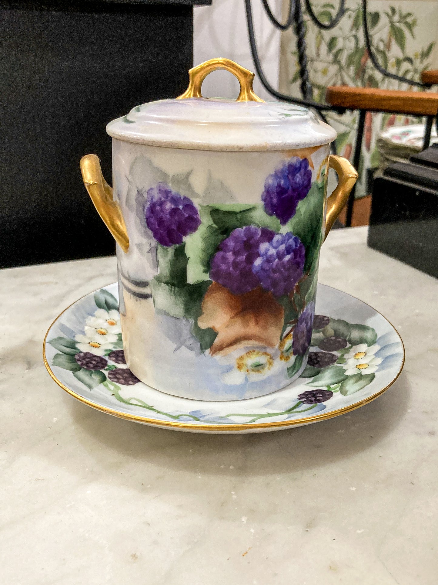 Antique 1900 Limoges France Hand Painted Porcelain Lidded Jam Pot Jar