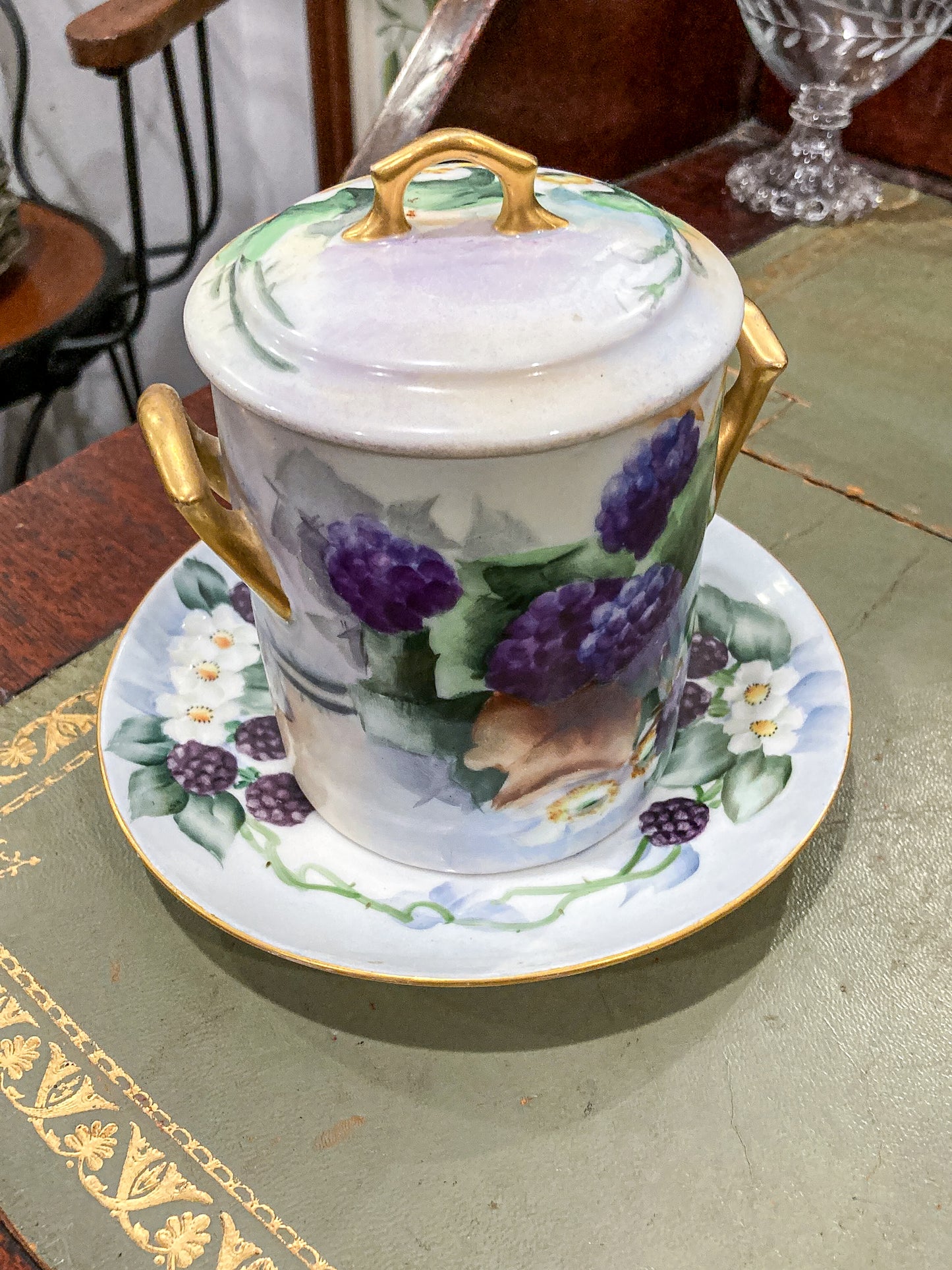 Antique 1900 Limoges France Hand Painted Porcelain Lidded Jam Pot Jar