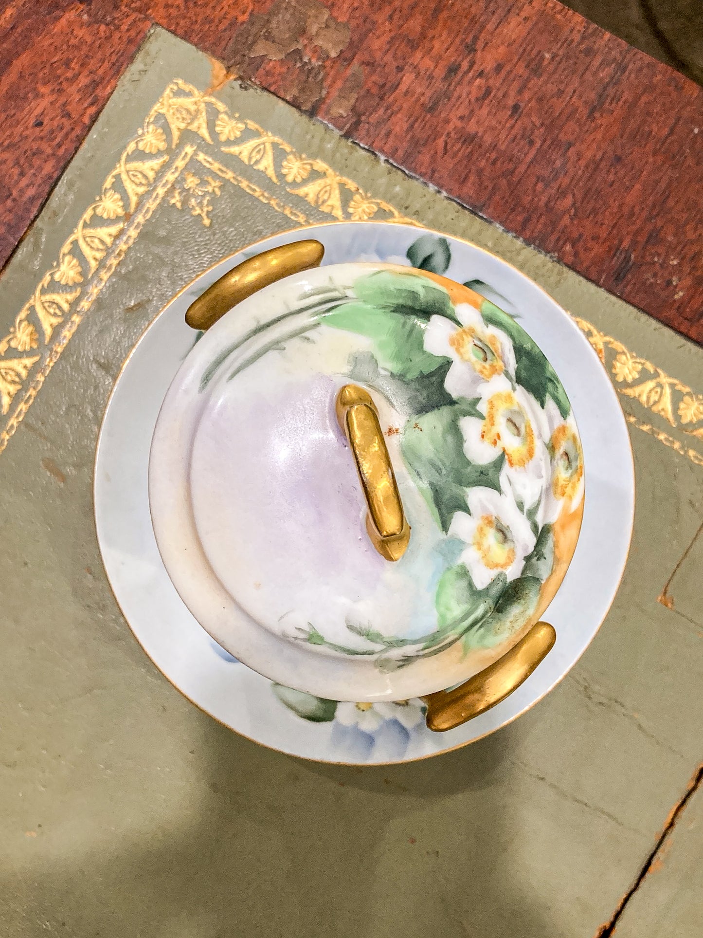 Antique 1900 Limoges France Hand Painted Porcelain Lidded Jam Pot Jar