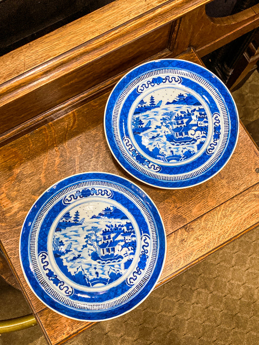 Antique 1900 Pair Blue White Chinese Porcelain Tazza Footed Dishes