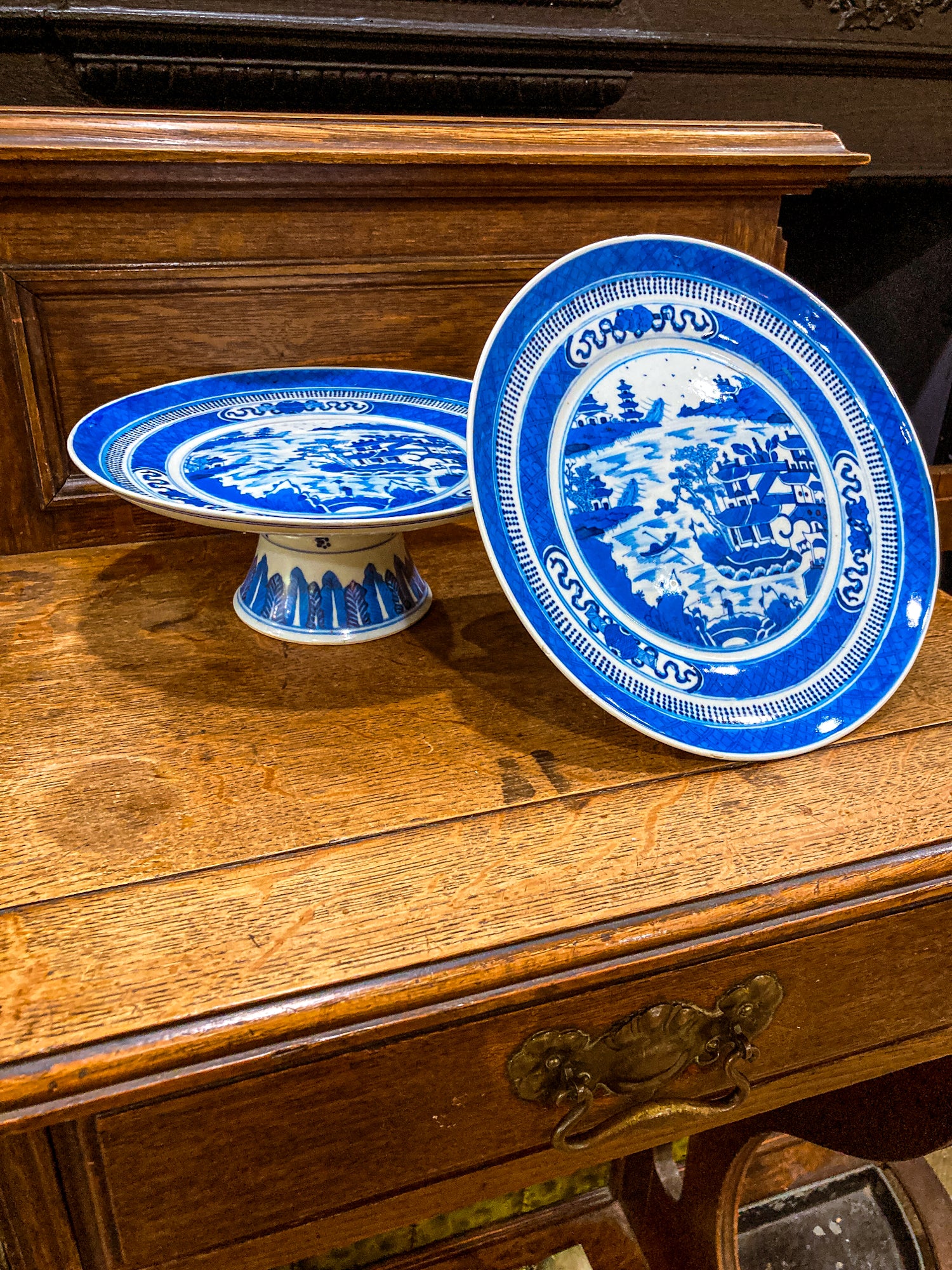 Antique 1900 Pair Blue White Chinese Porcelain Tazza Footed Dishes