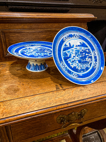 Antique 1900 Pair Blue White Chinese Porcelain Tazza Footed Dishes