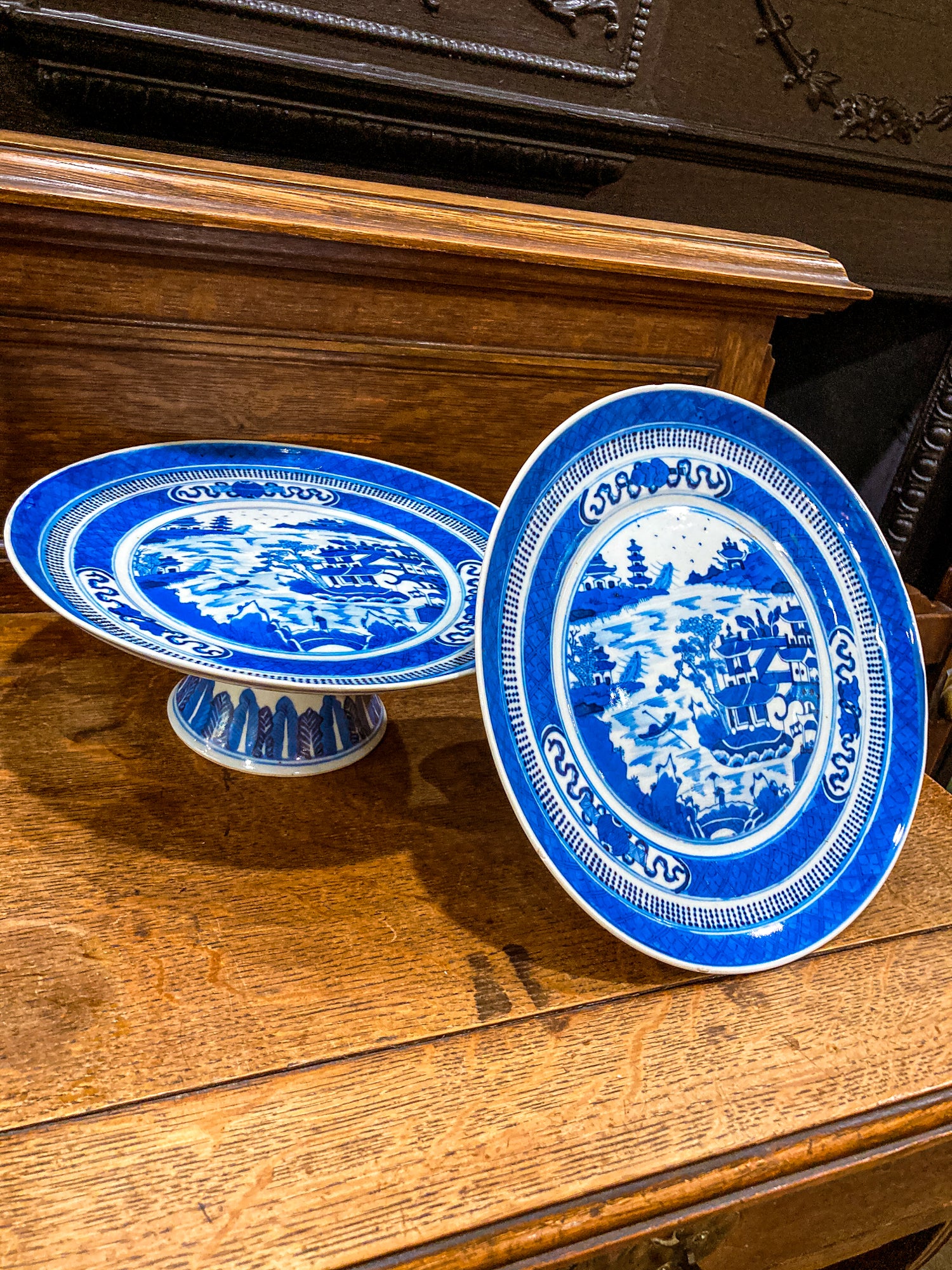 Antique 1900 Pair Blue White Chinese Porcelain Tazza Footed Dishes