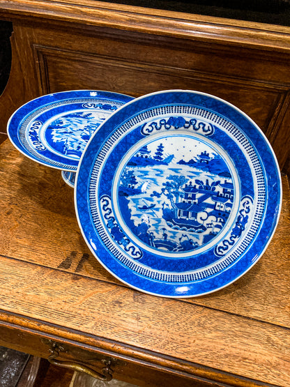 Antique 1900 Pair Blue White Chinese Porcelain Tazza Footed Dishes