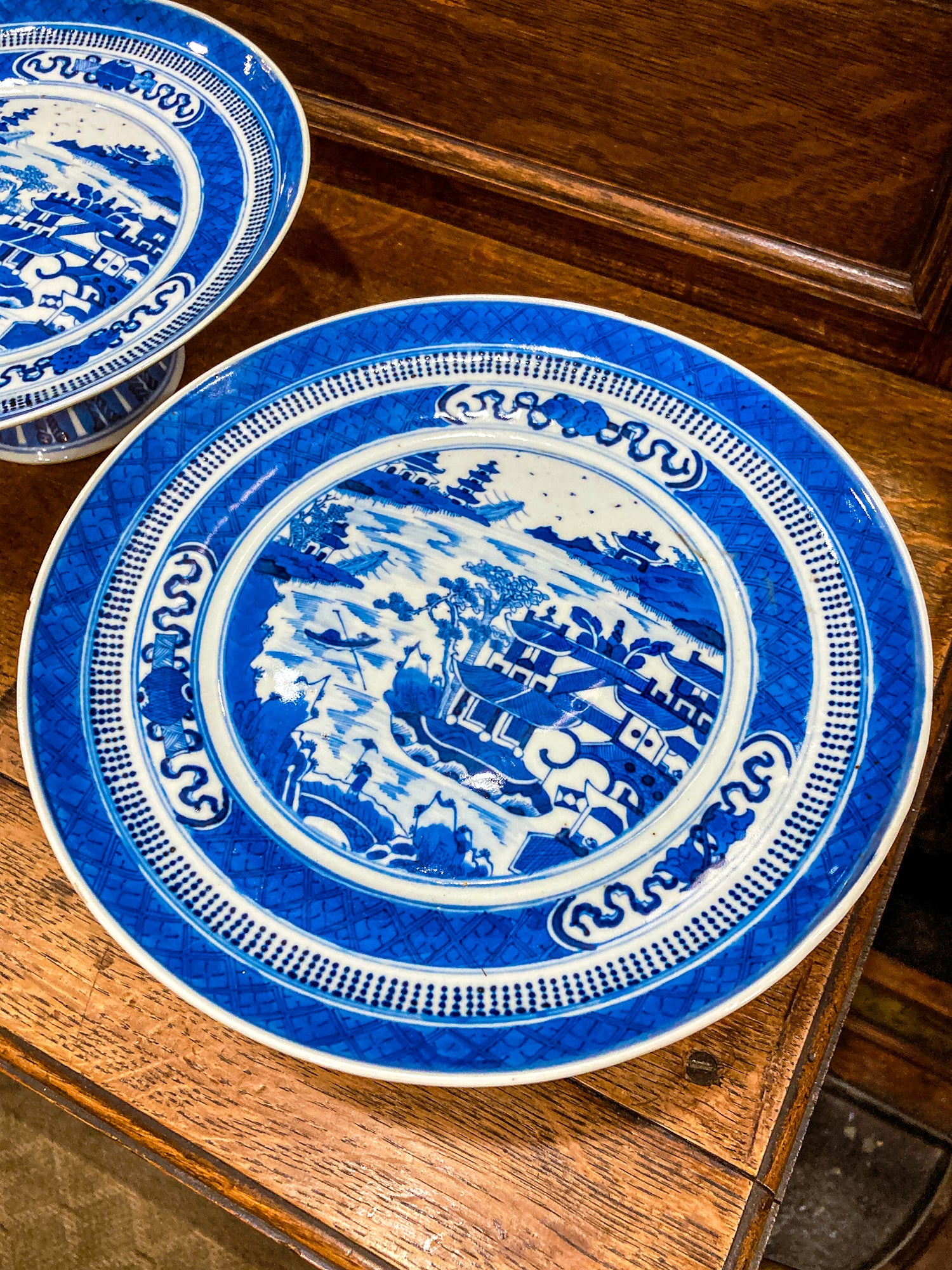 Antique 1900 Pair Blue White Chinese Porcelain Tazza Footed Dishes
