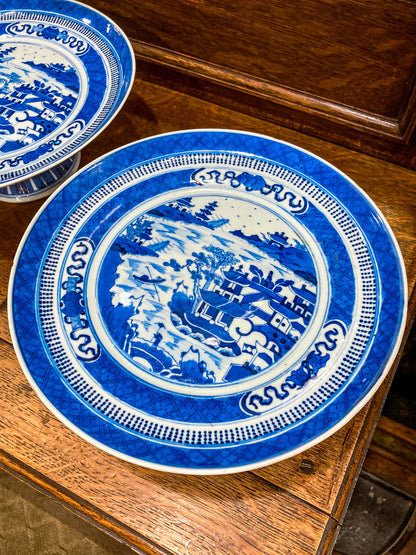 Antique 1900 Pair Blue White Chinese Porcelain Tazza Footed Dishes
