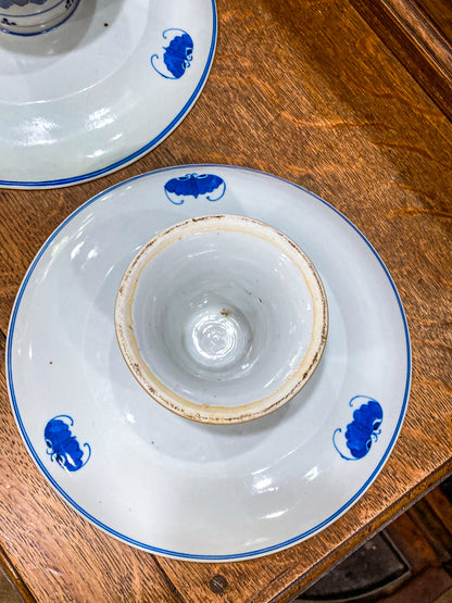 Antique 1900 Pair Blue White Chinese Porcelain Tazza Footed Dishes