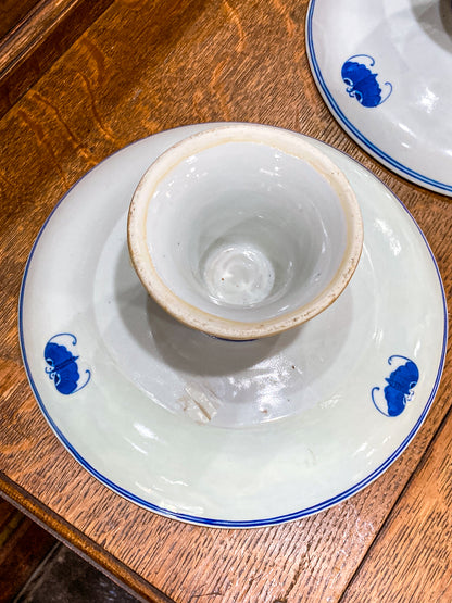 Antique 1900 Pair Blue White Chinese Porcelain Tazza Footed Dishes