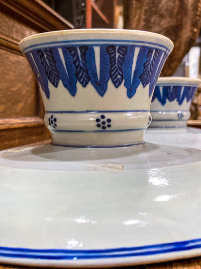 Antique 1900 Pair Blue White Chinese Porcelain Tazza Footed Dishes