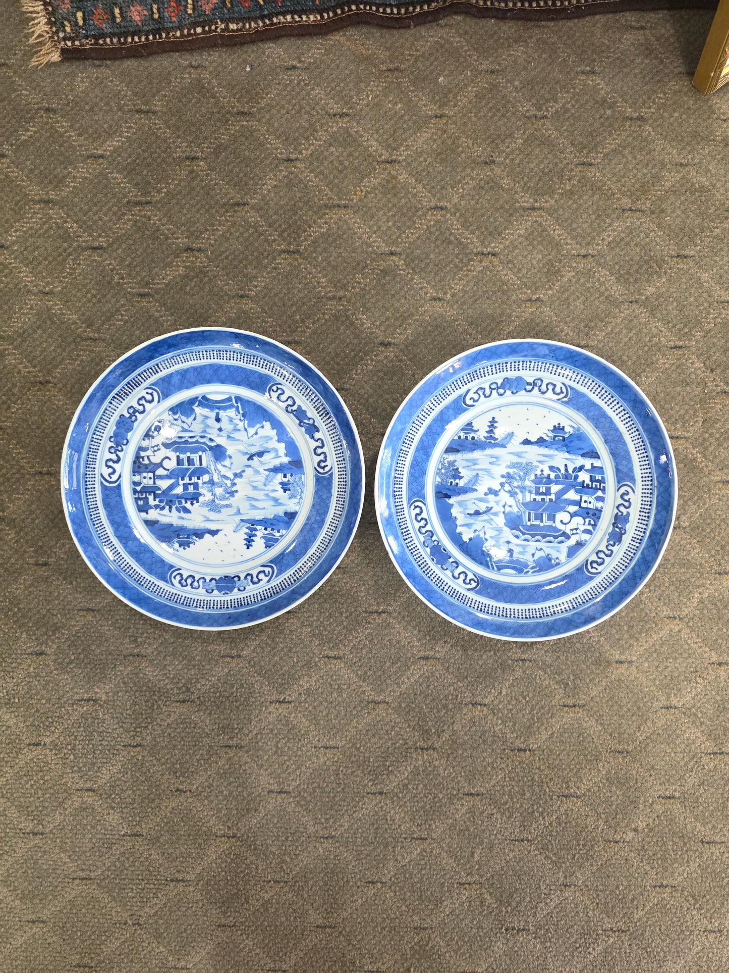 Antique 1900 Pair Blue White Chinese Porcelain Tazza Footed Dishes