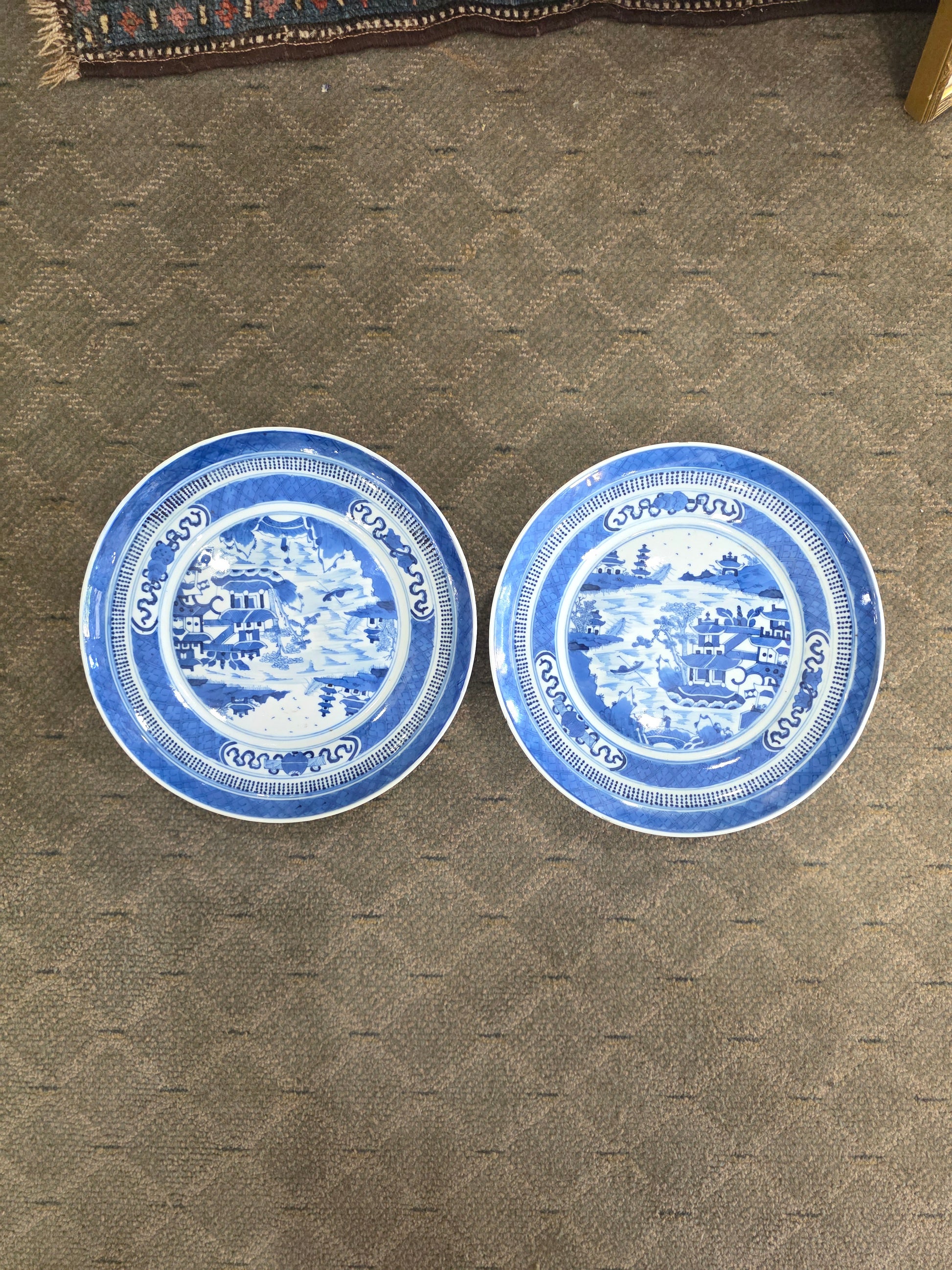 Antique 1900 Pair Blue White Chinese Porcelain Tazza Footed Dishes