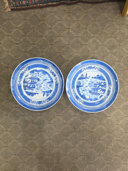 Antique 1900 Pair Blue White Chinese Porcelain Tazza Footed Dishes