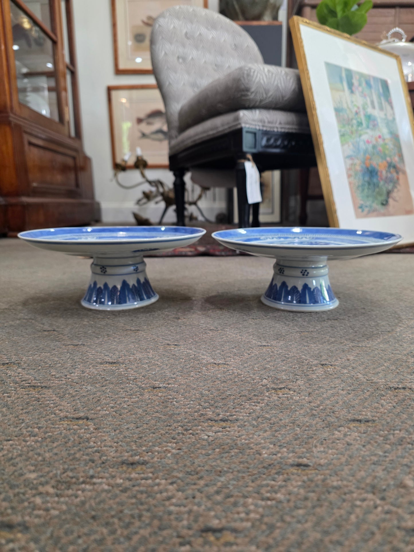 Antique 1900 Pair Blue White Chinese Porcelain Tazza Footed Dishes
