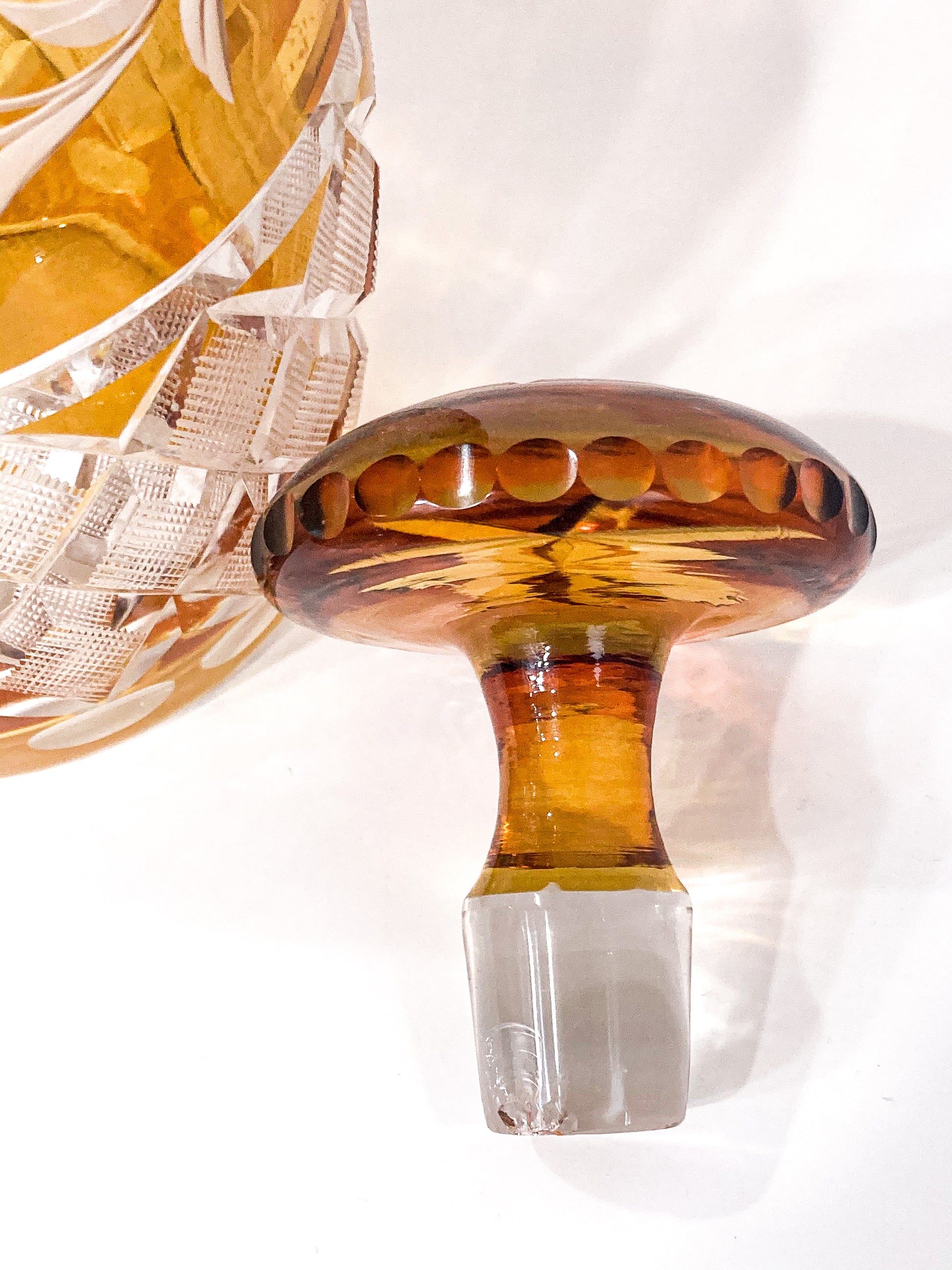 Antique Amber Cut To Clear Floral Vine Motif Mushroom Top Decanter Full Stopper