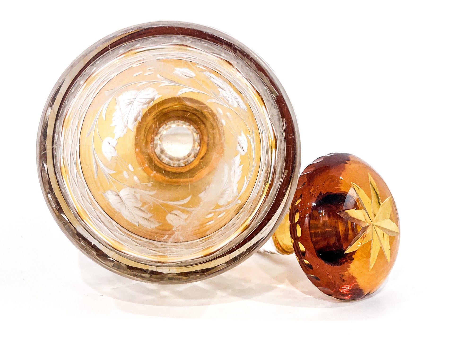 Antique Amber Cut To Clear Floral Vine Motif Mushroom Top Decanter Bottom