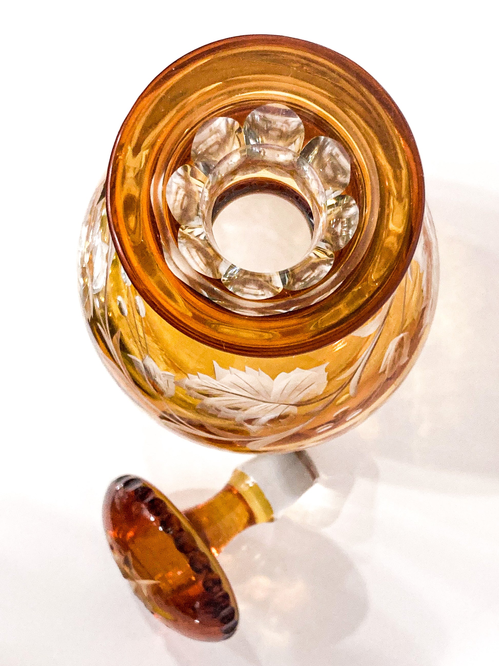 Antique Amber Cut To Clear Floral Vine Motif Mushroom Top Decanter Top Open