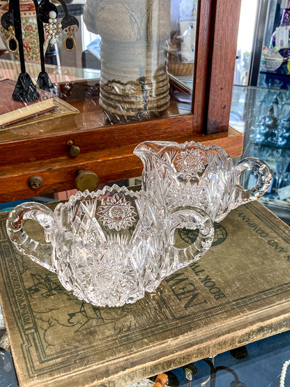 Antique 1900s American Brilliant Clear Cut Glass Sugar Creamer Set