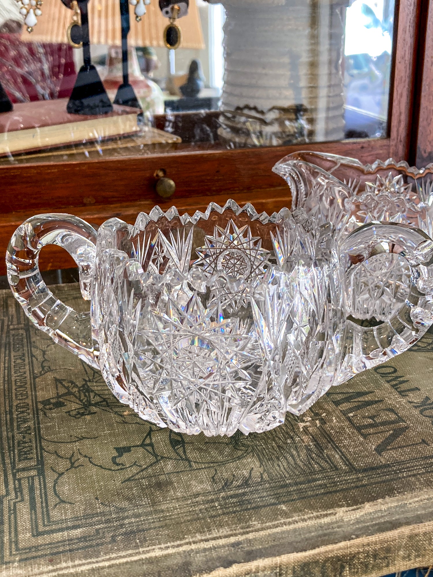 Antique 1900s American Brilliant Clear Cut Glass Sugar Creamer Set