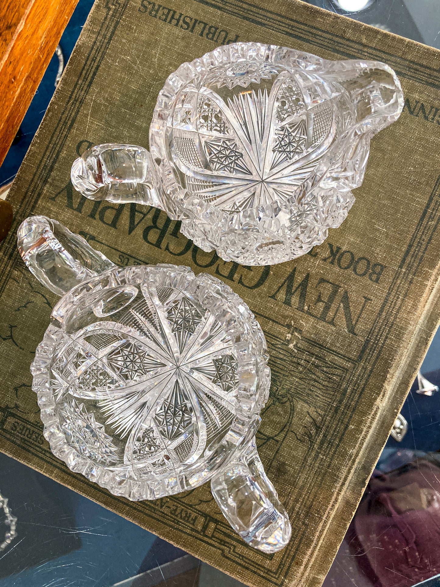 Antique 1900s American Brilliant Clear Cut Glass Sugar Creamer Set