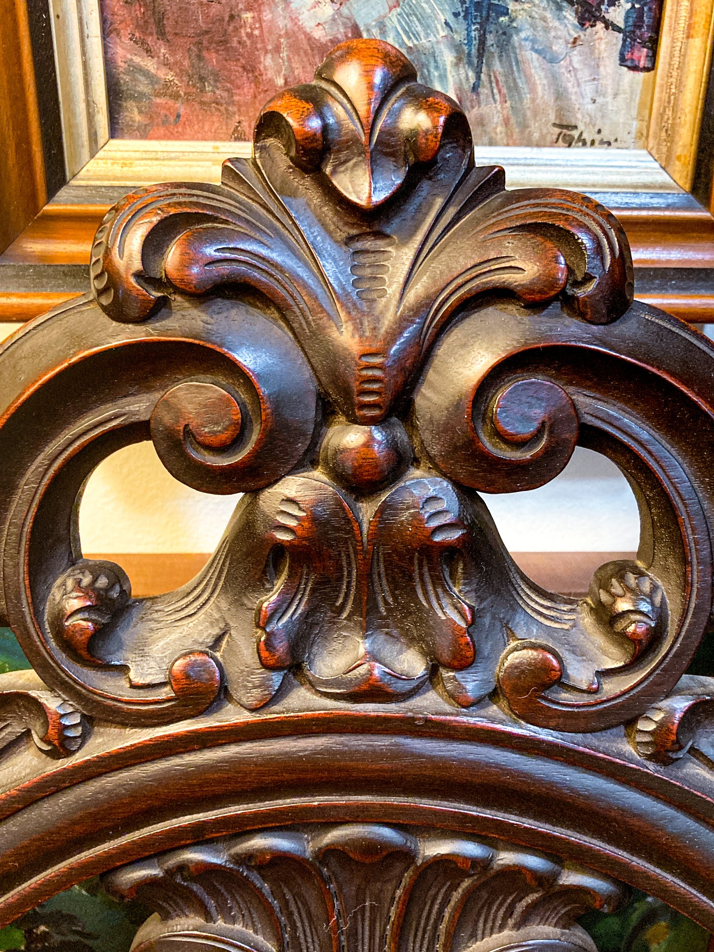 Antique 1900s Jacobean Style Carved Walnut Wood Upholstered Throne Chair Close Up Top