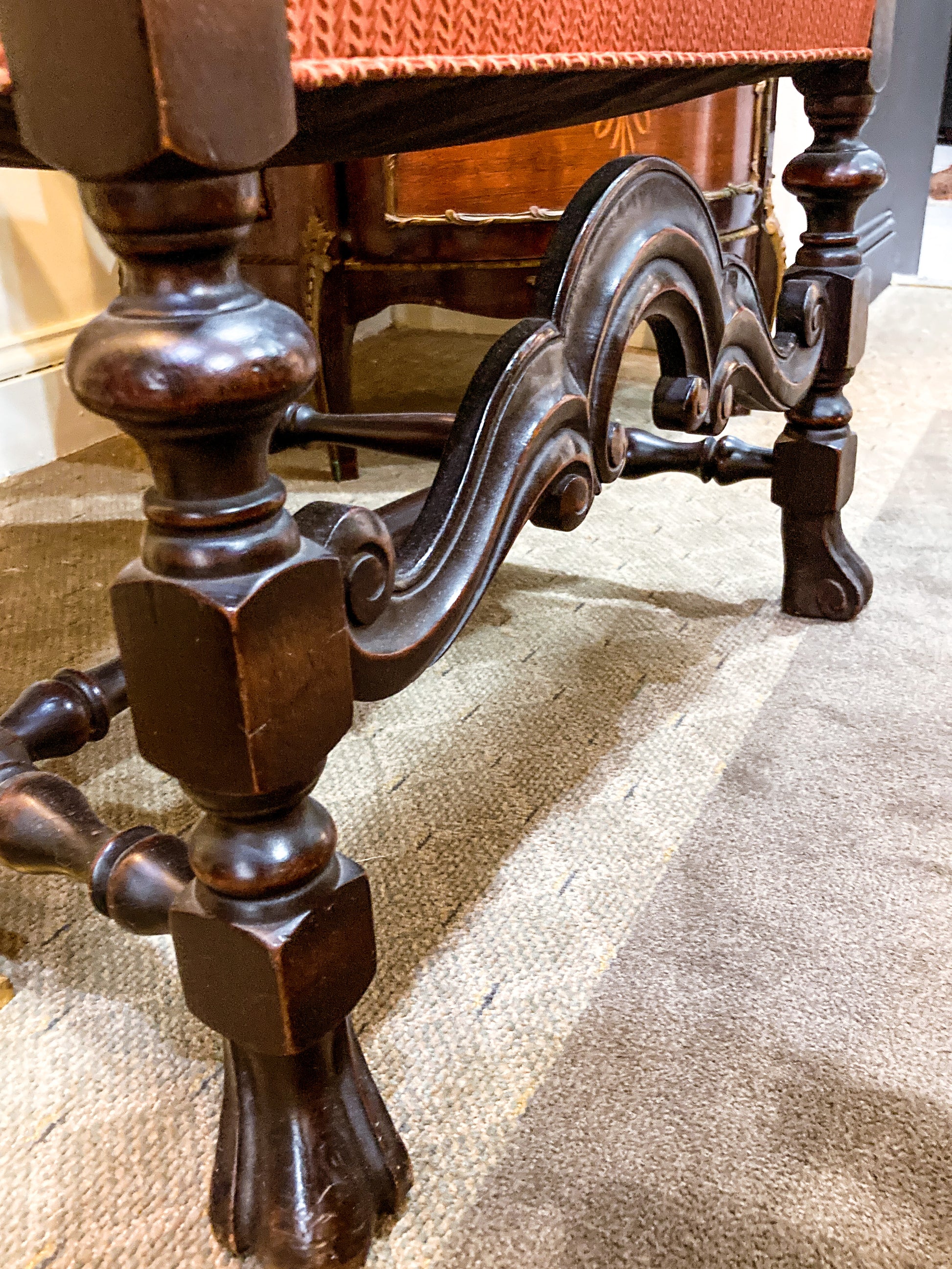 Antique 1900s Jacobean Style Carved Walnut Wood Upholstered Throne Chair