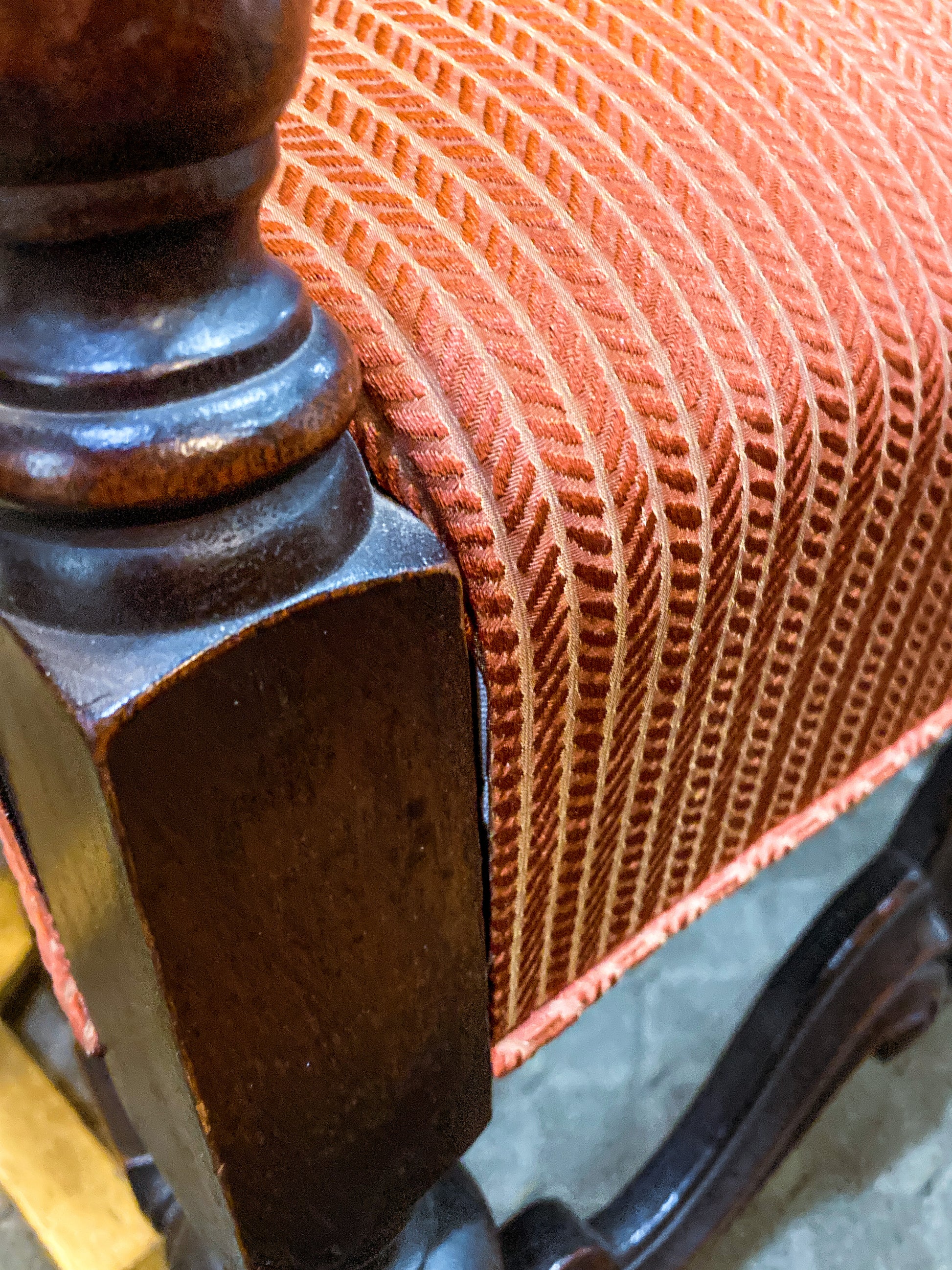 Antique 1900s Jacobean Style Carved Walnut Wood Upholstered Throne Chair Seat fabric Close Up