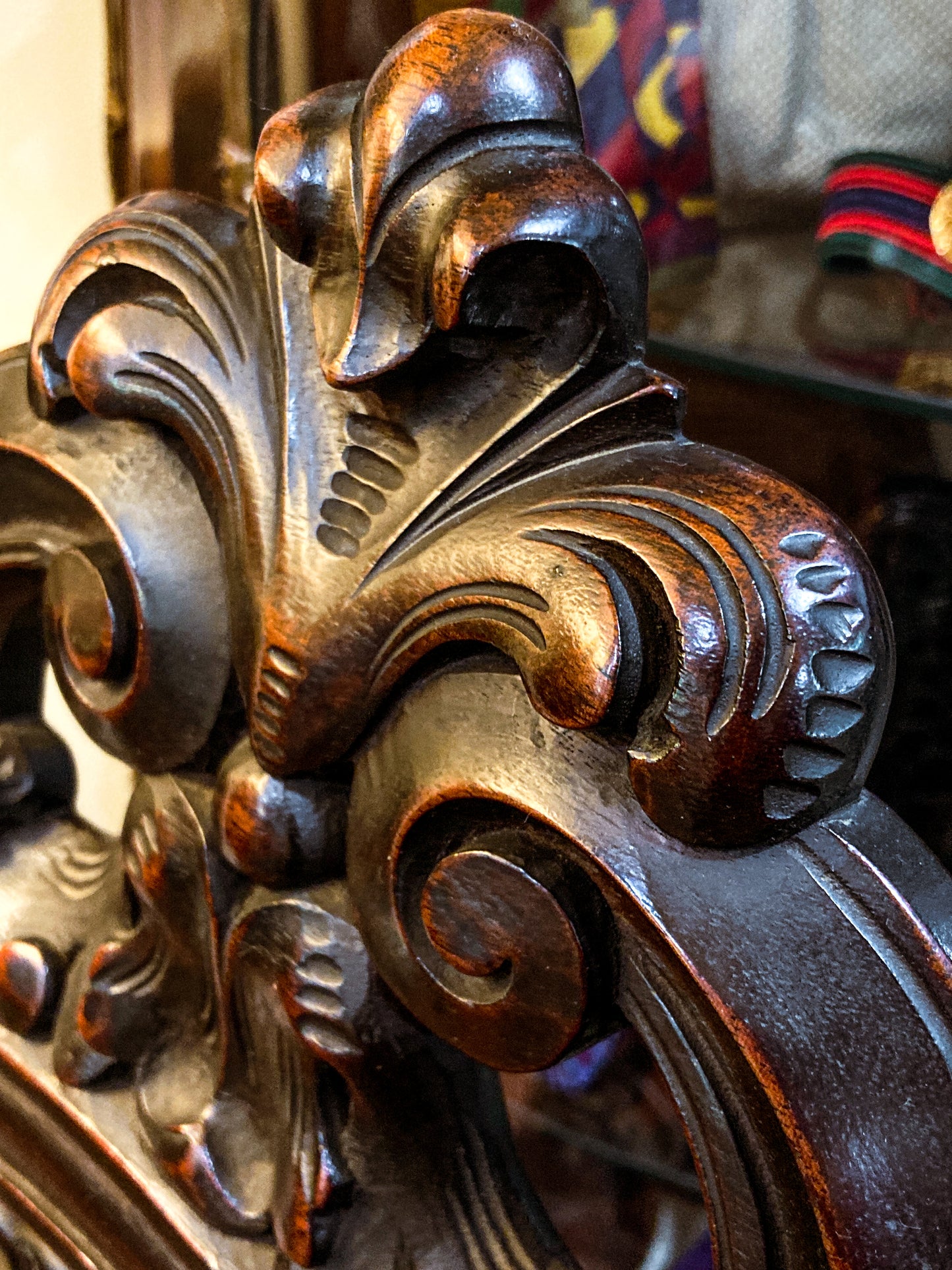 Antique 1900s Jacobean Style Carved Walnut Wood Upholstered Throne Chair Close Up