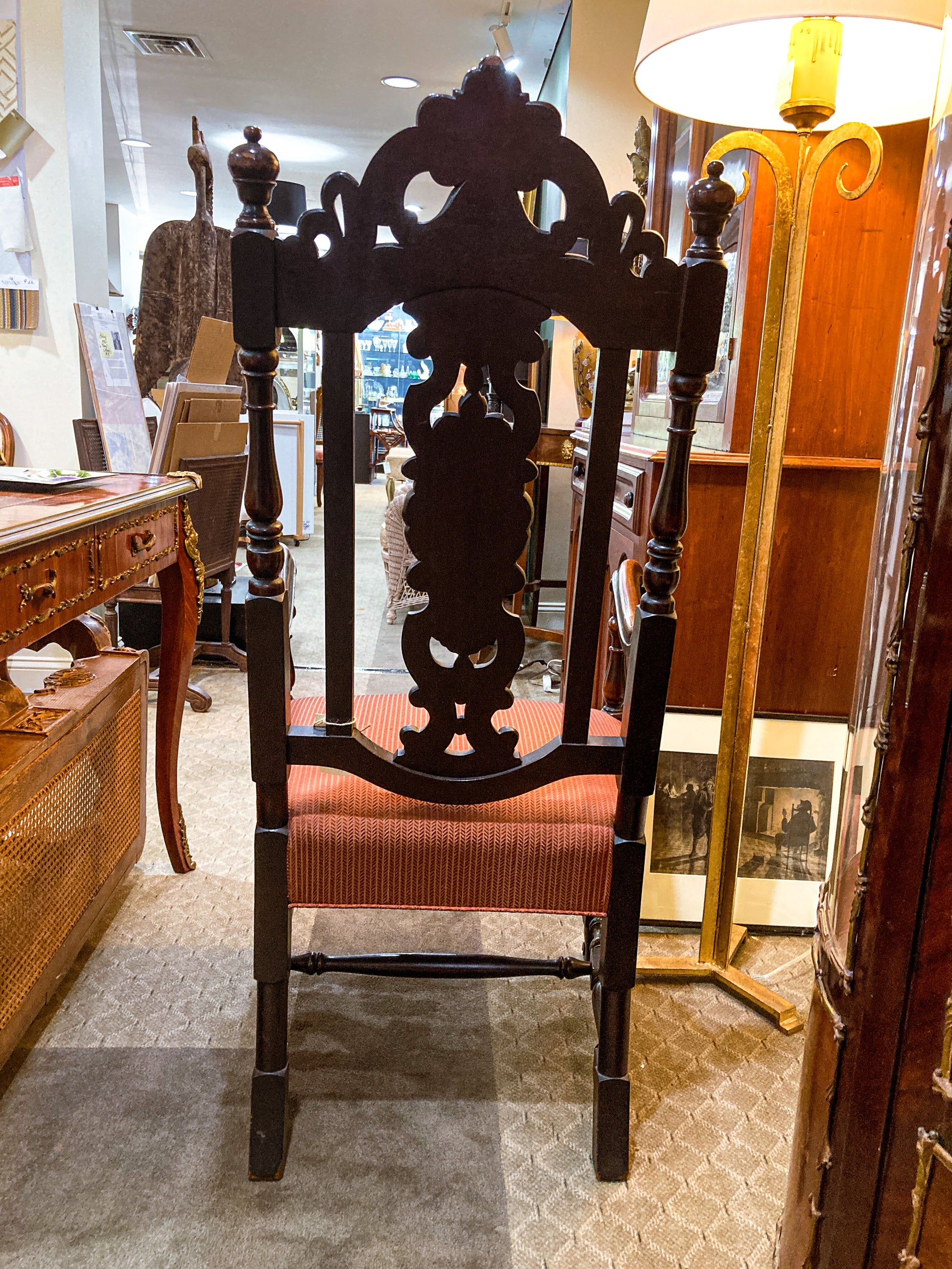 Antique 1900s Jacobean Style Carved Walnut Wood Upholstered Throne Chair Back Side