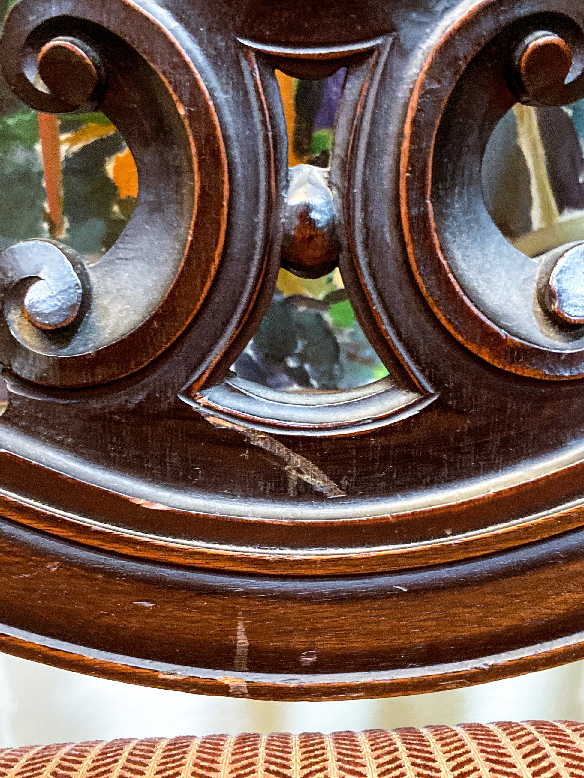 Antique 1900s Jacobean Style Carved Walnut Wood Upholstered Throne Chair Back Rest Bottom Close Up