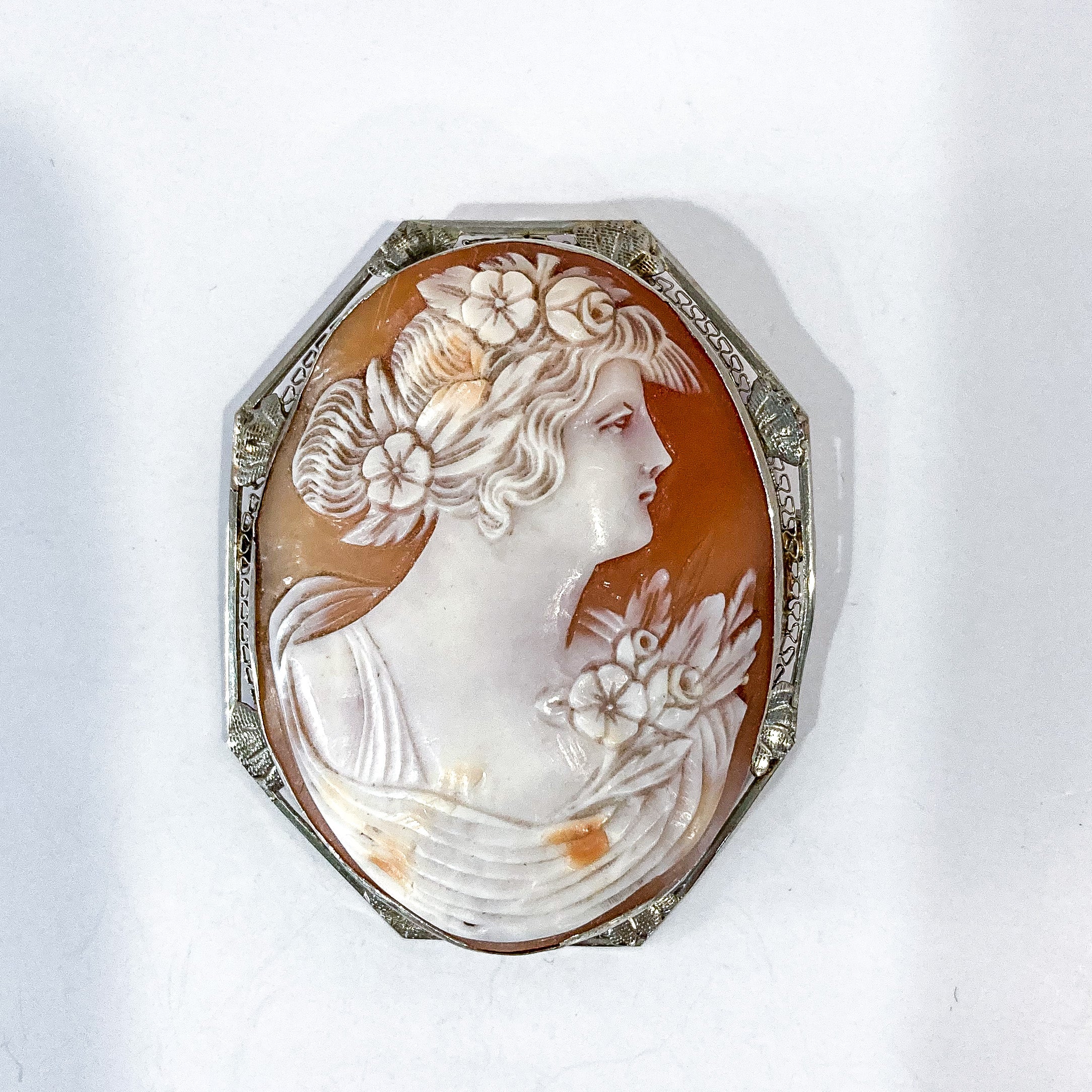 SALE Antique Cameo Brooch Pendant Rolled outlets Gold Mounting Hand Carved Grecian Lady Shell Cameo