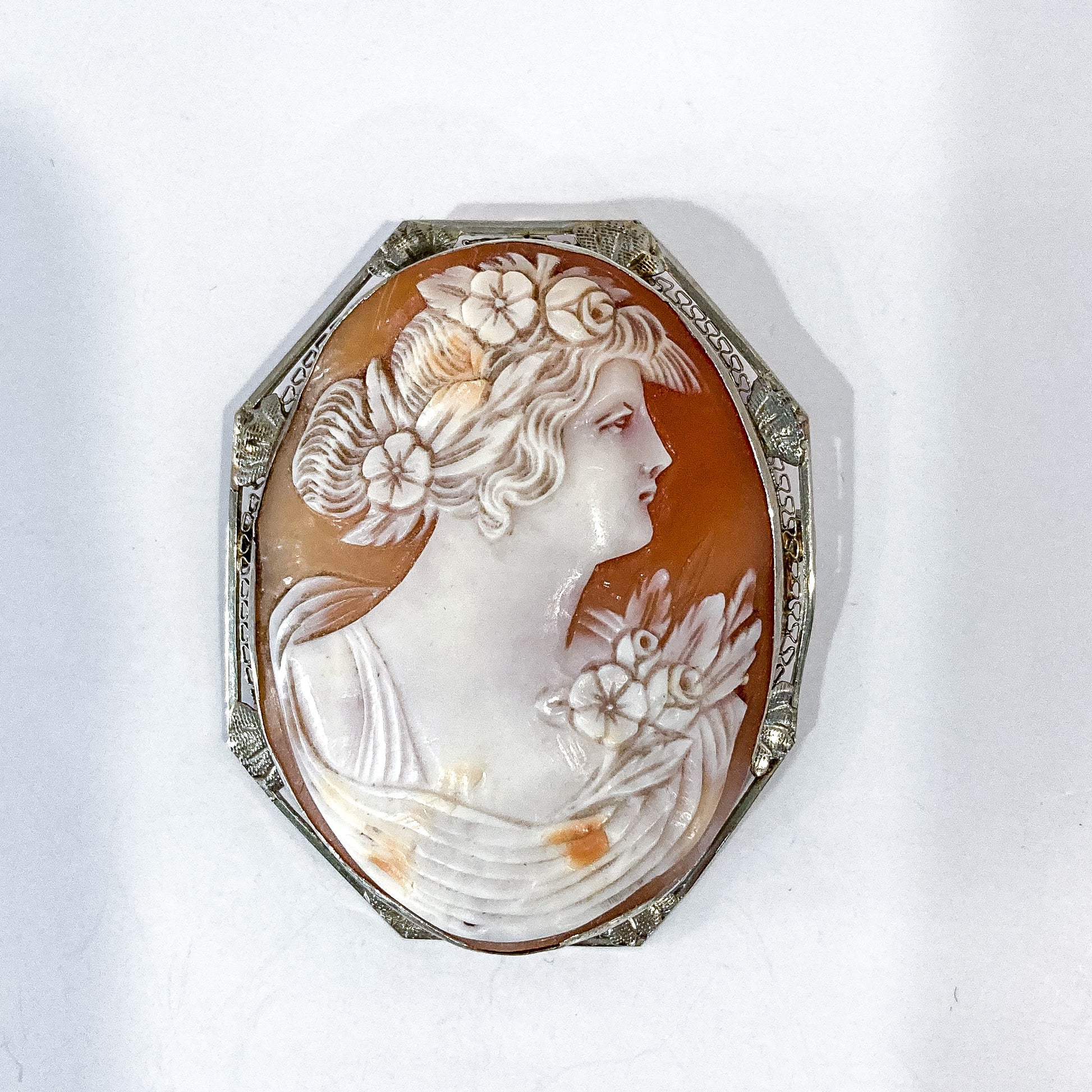 Antique 14K White Gold Carved Pink Shell Grecian Cameo Brooch Pendant front