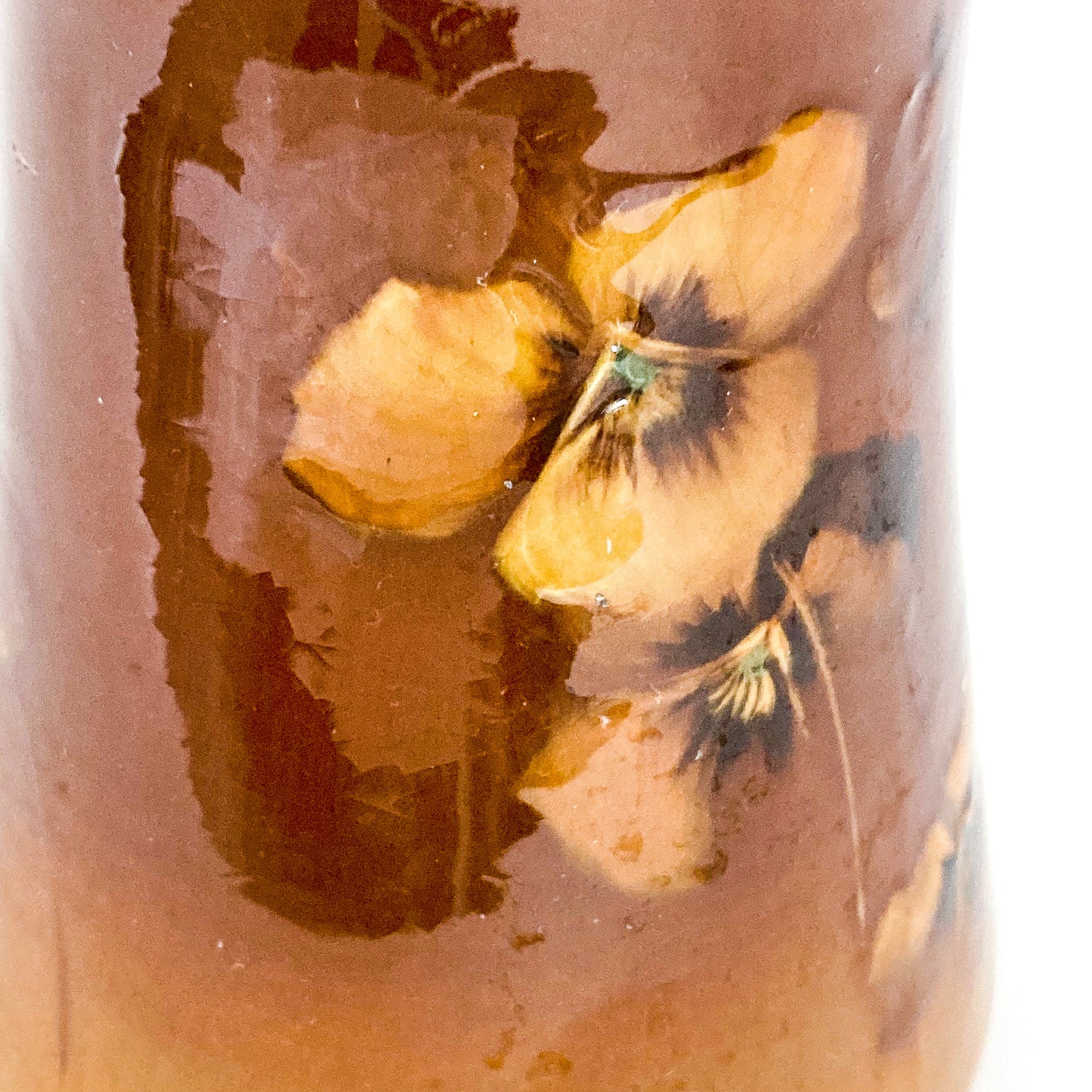 Antique Roseville Rozane Ware Violets Floral Brown Gold Ceramic Vase Pottery Art Close Up