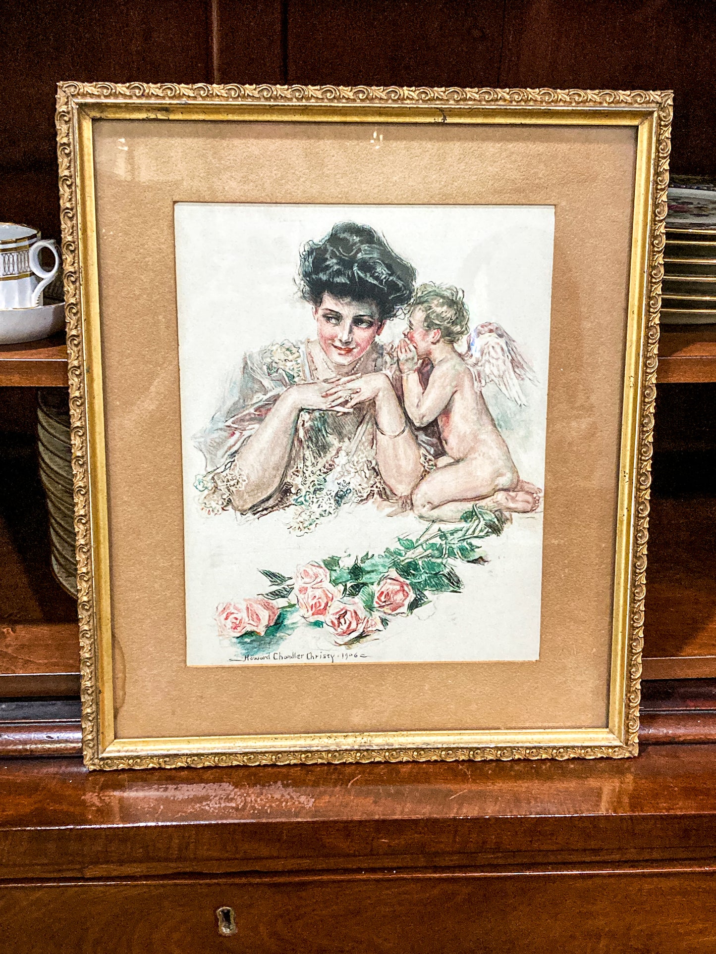 Antique 1906 "Cupid & Lady" Howard Chandler Christy Framed Color Lithograph