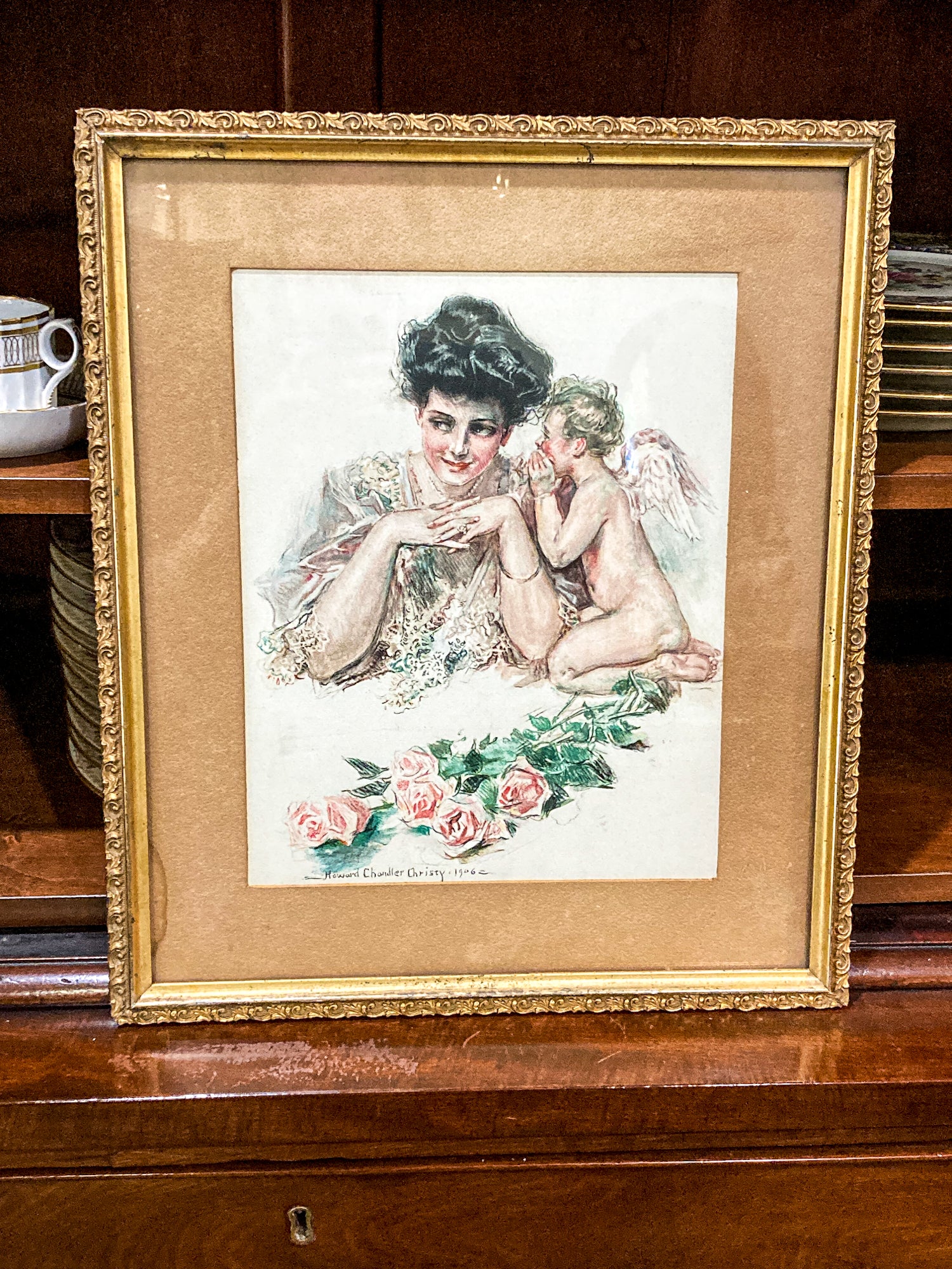 Antique 1906 "Cupid & Lady" Howard Chandler Christy Framed Color Lithograph