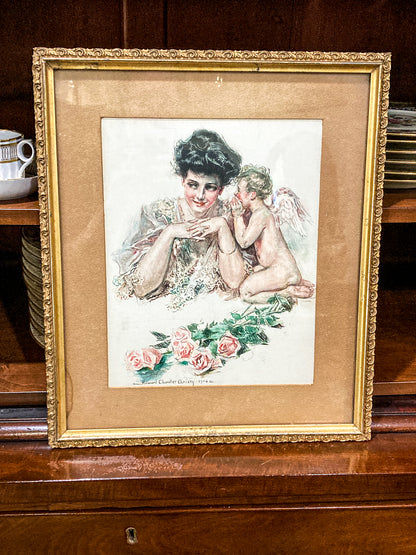 Antique 1906 "Cupid & Lady" Howard Chandler Christy Framed Color Lithograph