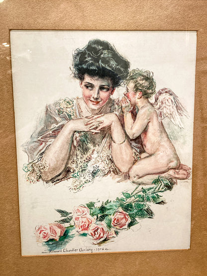 Antique 1906 "Cupid & Lady" Howard Chandler Christy Framed Color Lithograph