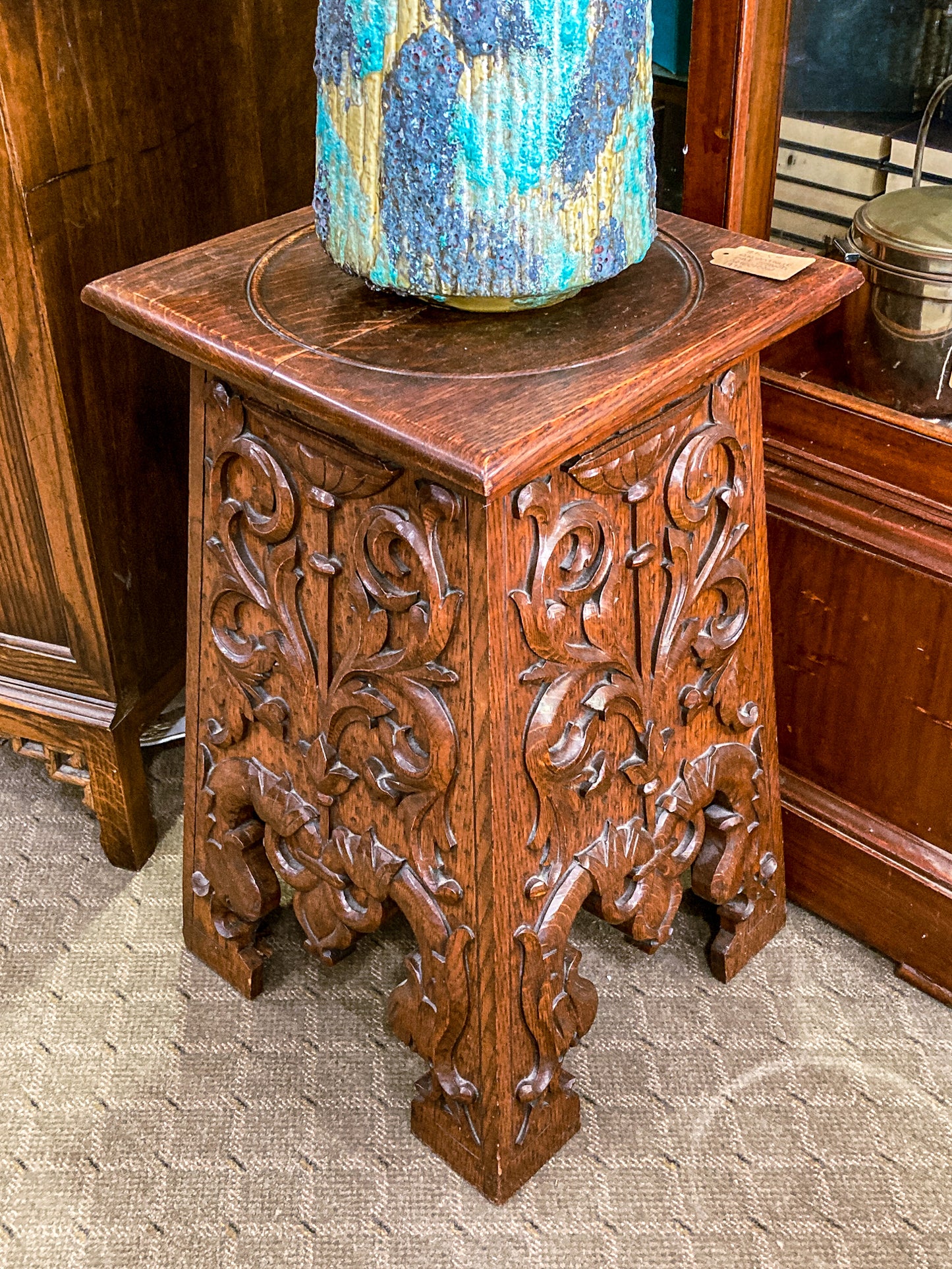 Antique 1910 American Carved Oak Wood Square Side Table Pedestal Stand
