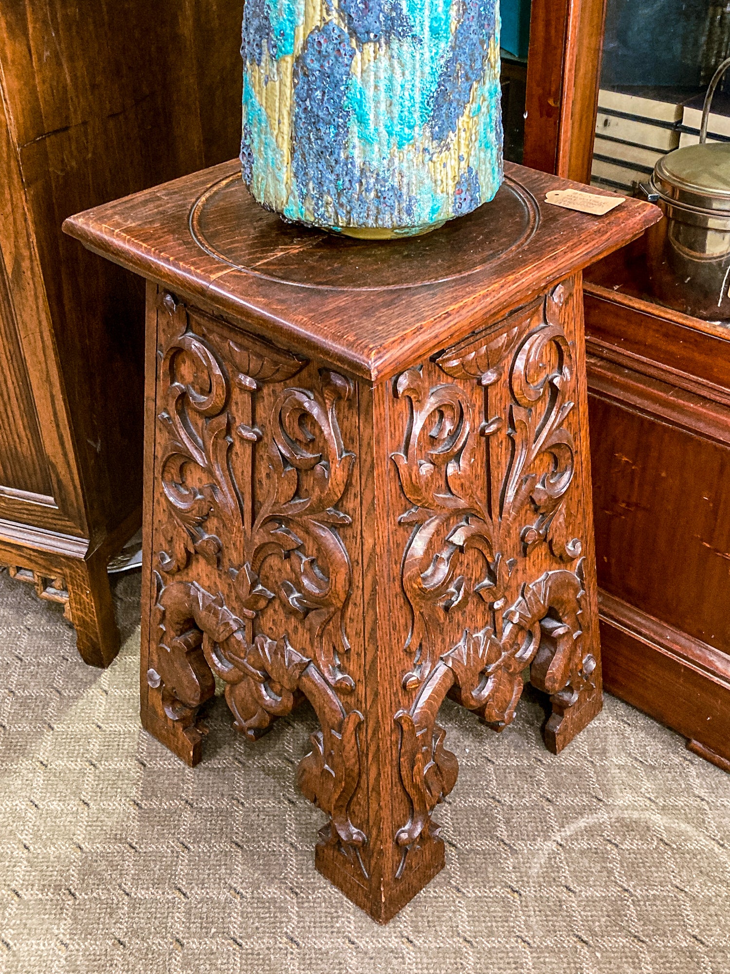 Antique 1910 American Carved Oak Wood Square Side Table Pedestal Stand