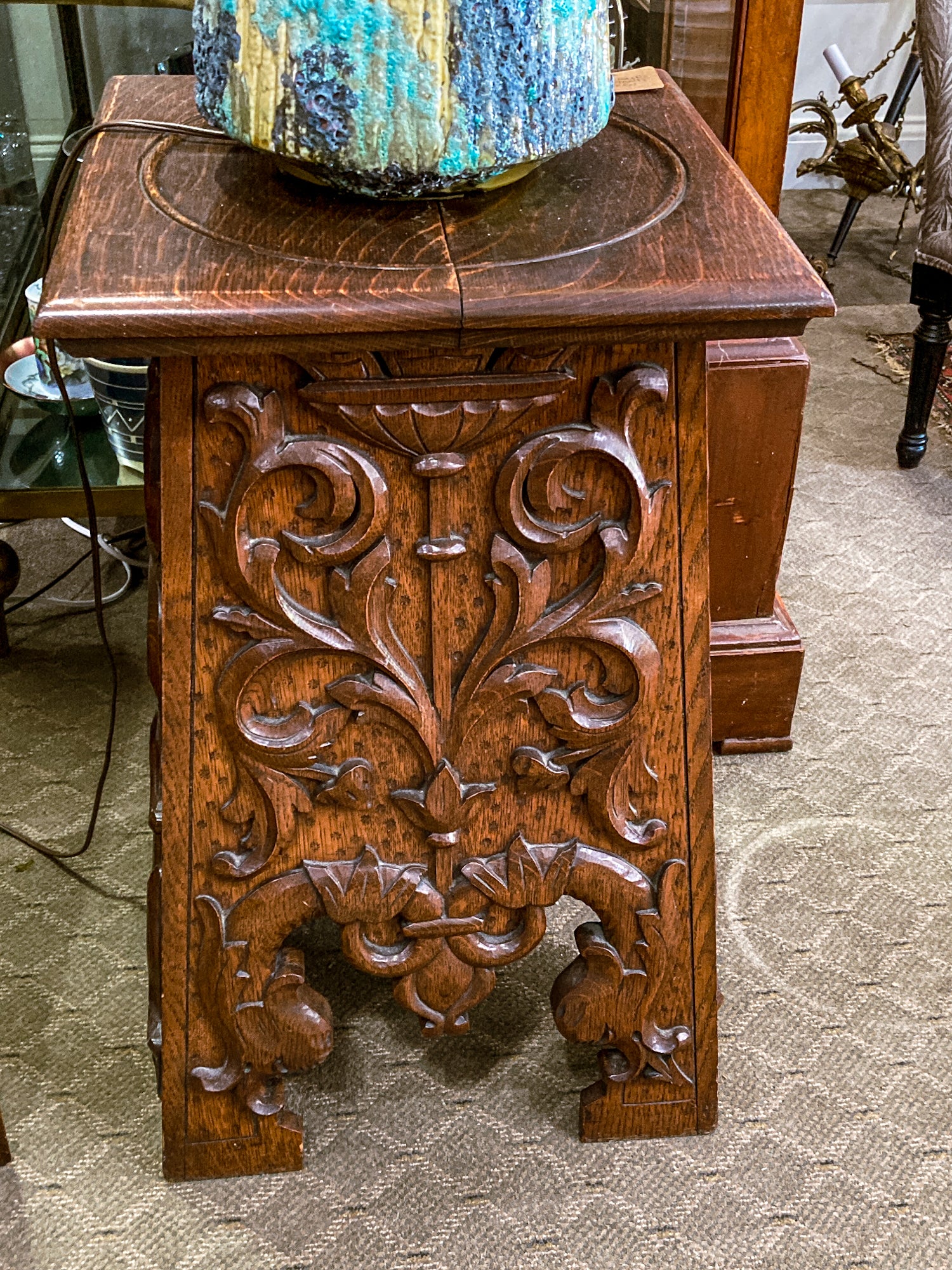 Antique 1910 American Carved Oak Wood Square Side Table Pedestal Stand