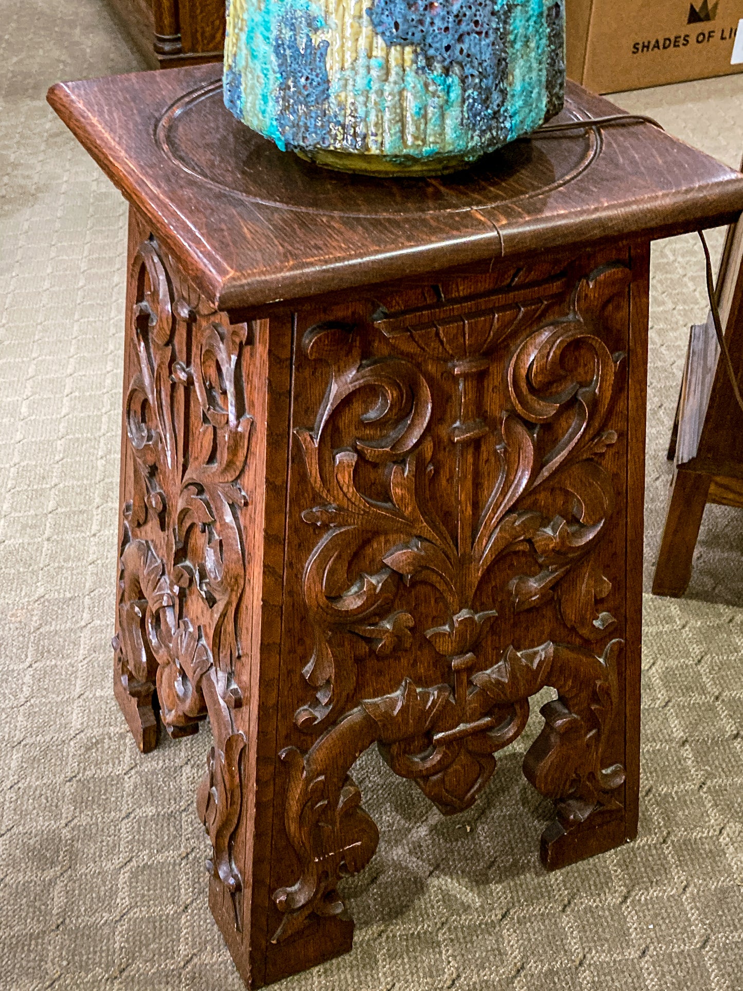 Antique 1910 American Carved Oak Wood Square Side Table Pedestal Stand
