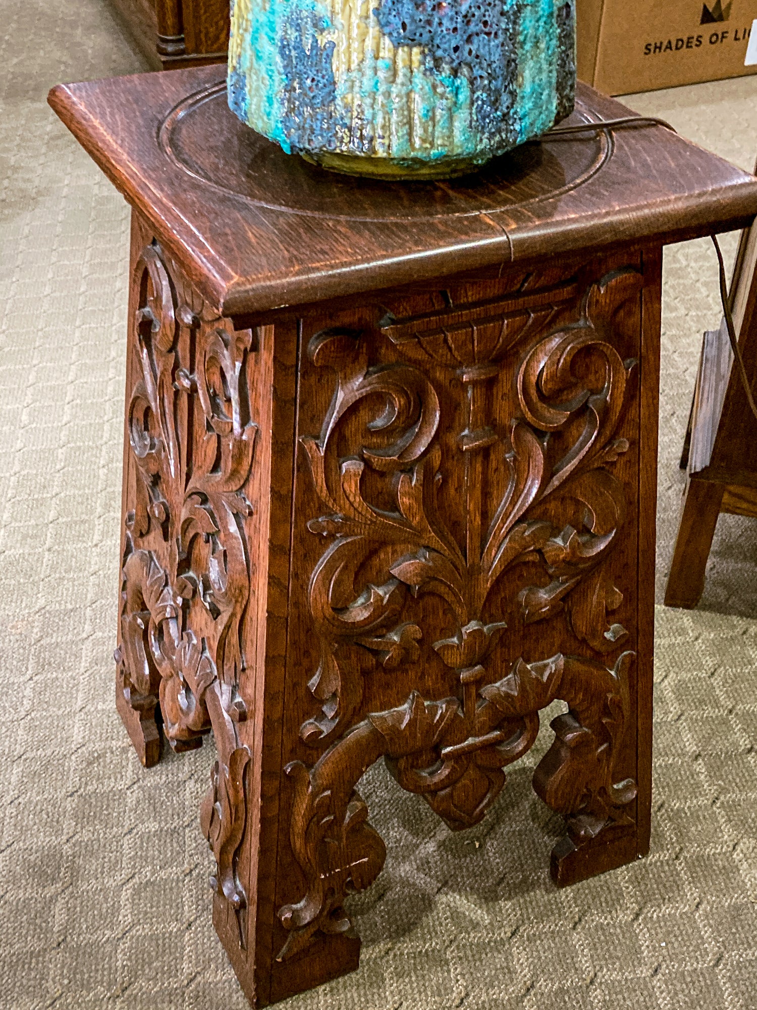 Antique 1910 American Carved Oak Wood Square Side Table Pedestal Stand