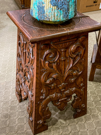 Antique 1910 American Carved Oak Wood Square Side Table Pedestal Stand