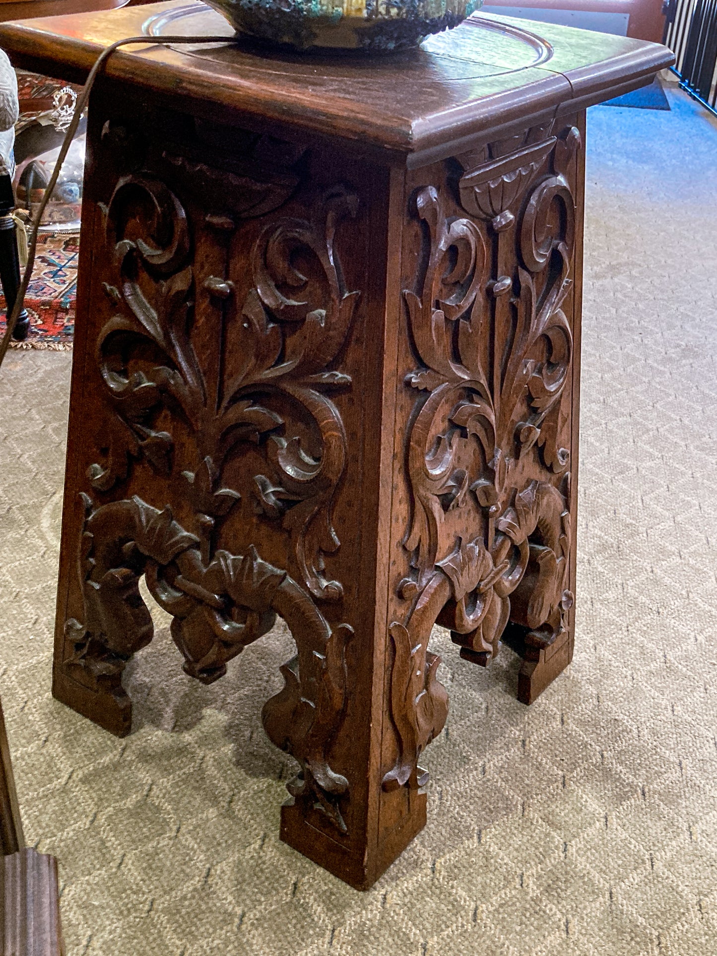 Antique 1910 American Carved Oak Wood Square Side Table Pedestal Stand