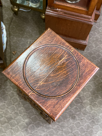 Antique 1910 American Carved Oak Wood Square Side Table Pedestal Stand