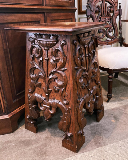 Antique 1910 American Carved Oak Wood Square Side Table Pedestal Stand
