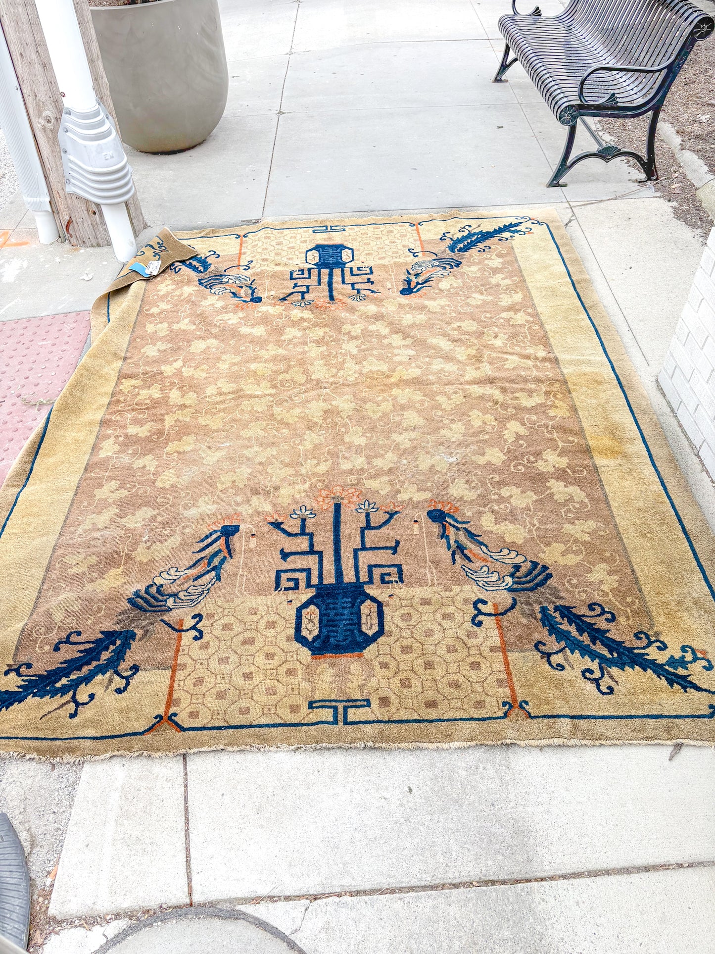 Antique 1910s Tan Blue Bird Art Deco Chinese 8x10ft Woven Wool Rug