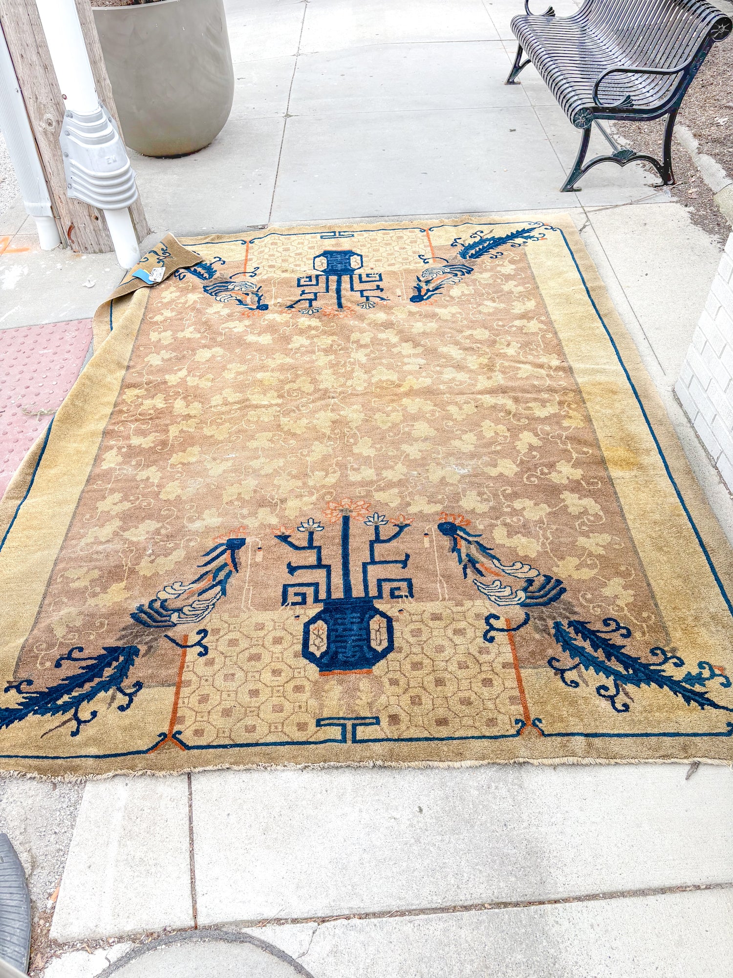 Antique 1910s Tan Blue Bird Art Deco Chinese 8x10ft Woven Wool Rug