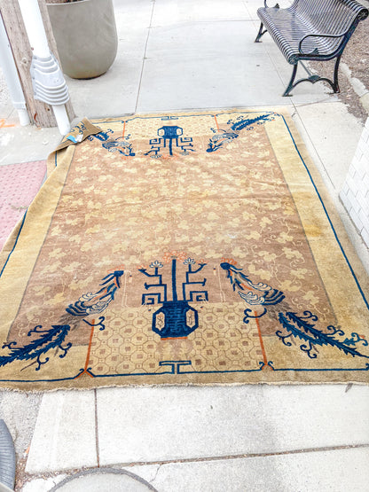 Antique 1910s Tan Blue Bird Art Deco Chinese 8x10ft Woven Wool Rug
