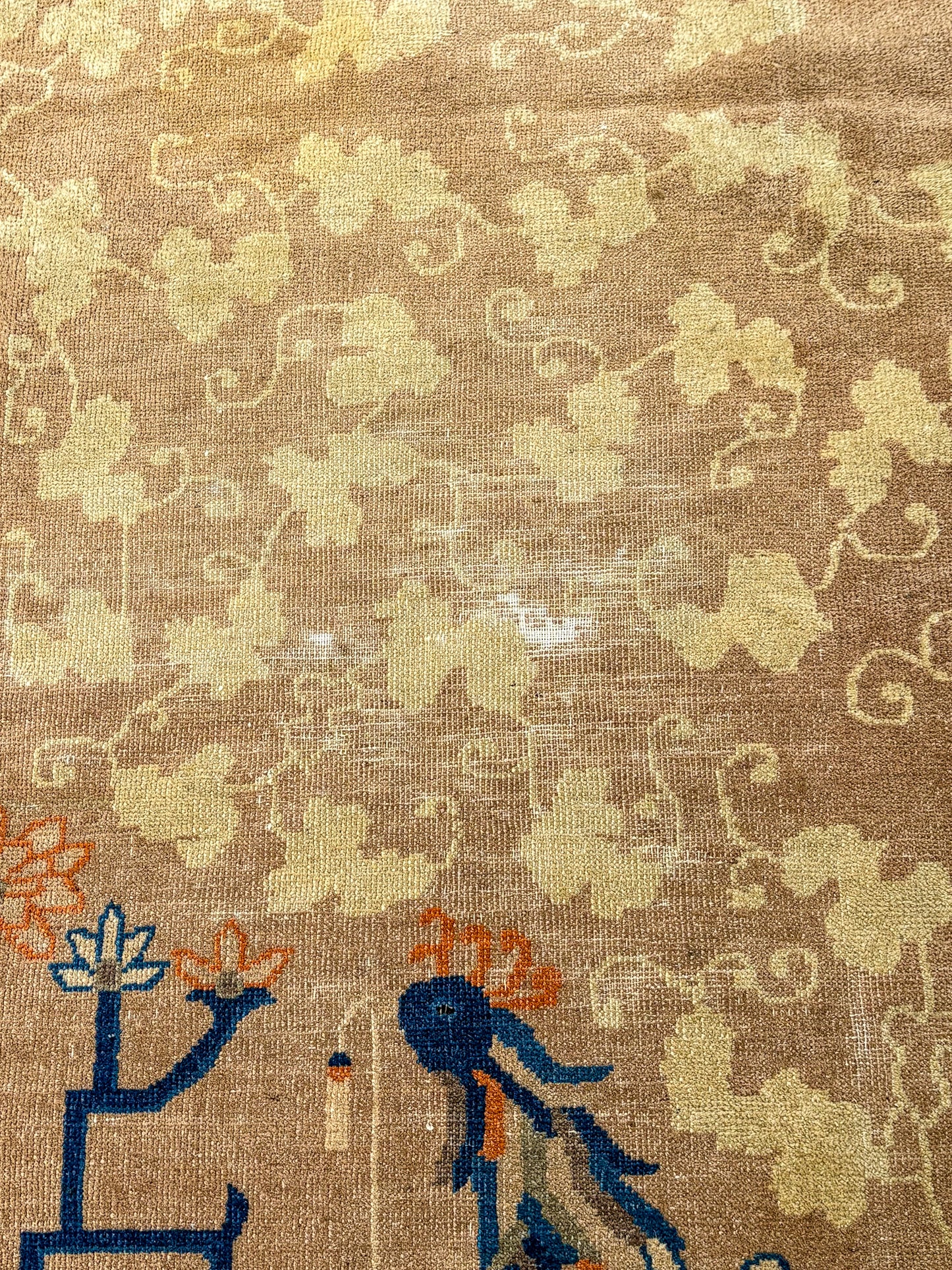 Antique 1910s Tan Blue Bird Art Deco Chinese 8x10ft Woven Wool Rug